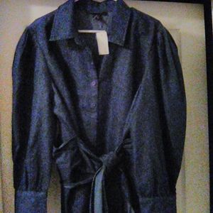 New Women's Distressed Denim Blouse w Tie at Waist (18W)